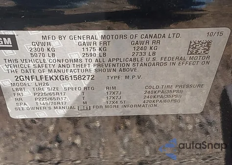 2016 Chevrolet Equinox Lt из США, поврежденный, VIN 2GNFLFEKXG6158272